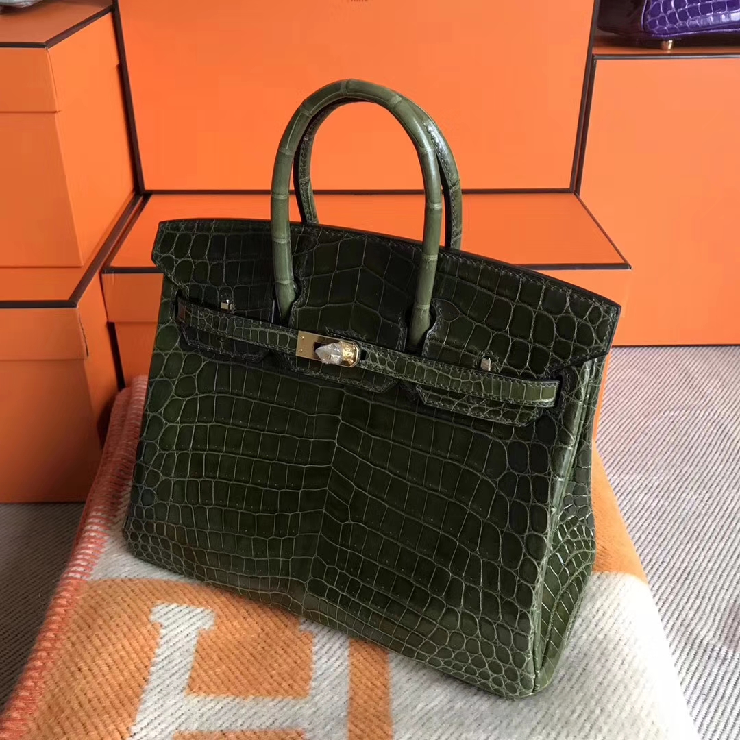 Luxury Hermes 6H Olive Green Shiny Crocodile Leather Birkin25CM Tote Bag