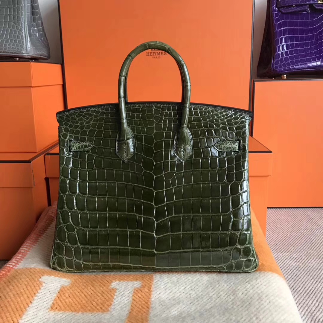 Luxury Hermes 6H Olive Green Shiny Crocodile Leather Birkin25CM Tote Bag