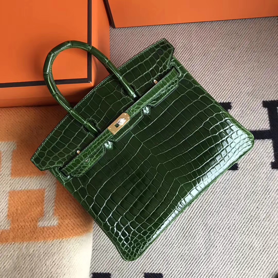 Sale Hermes Birkin Bag25CM in CK67 Vert Fonce Shiny Crocodile Leather Gold Hardware