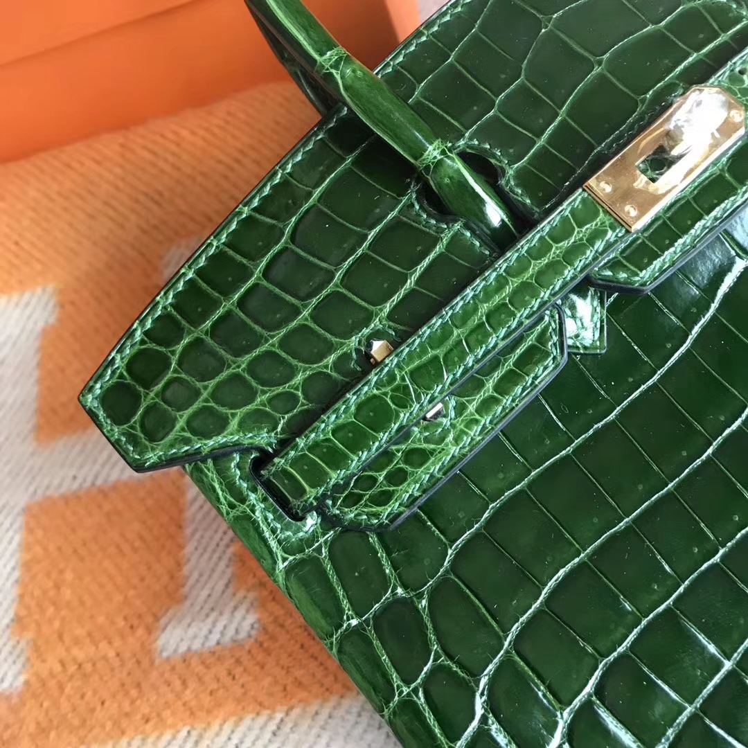 Sale Hermes Birkin Bag25CM in CK67 Vert Fonce Shiny Crocodile Leather Gold Hardware