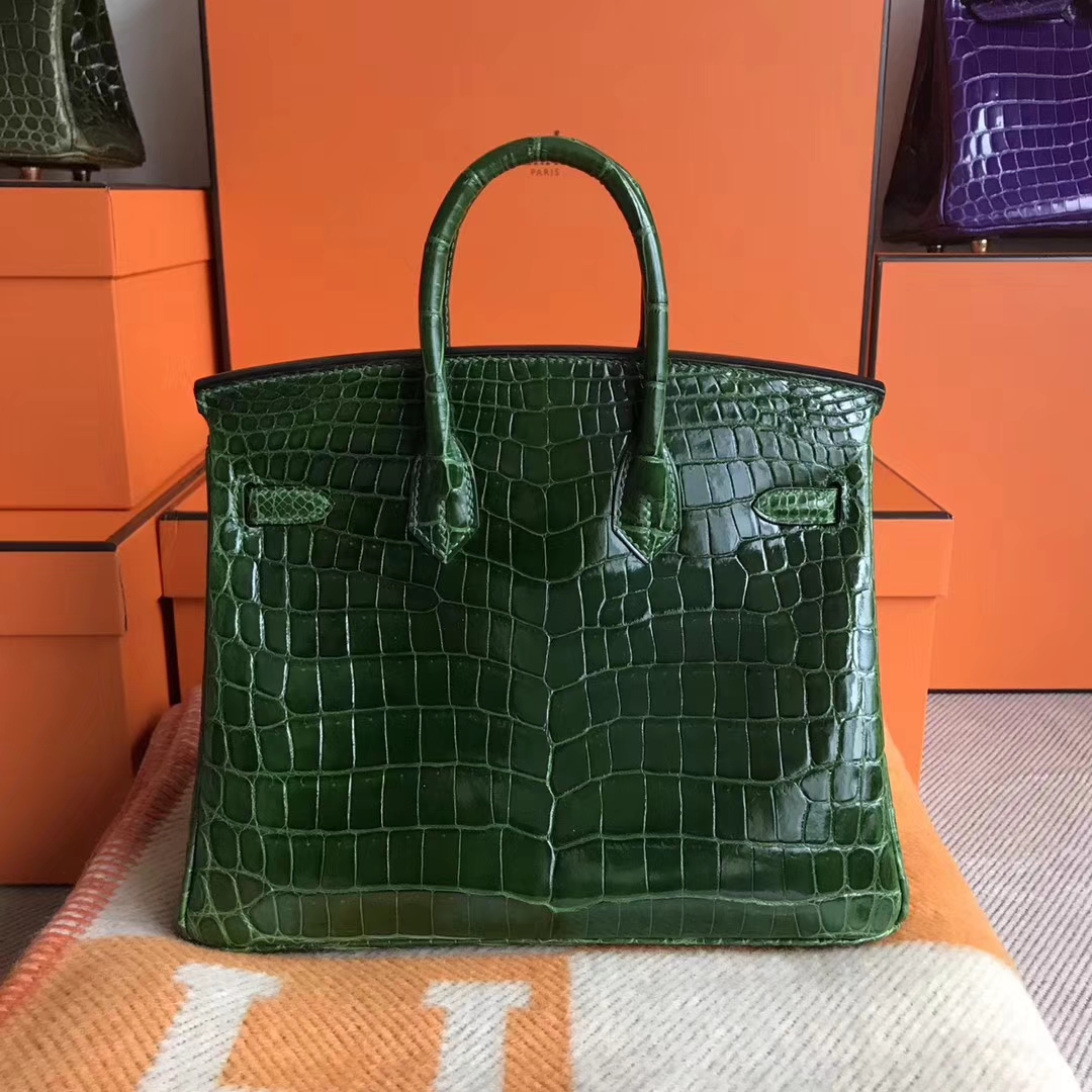 Sale Hermes Birkin Bag25CM in CK67 Vert Fonce Shiny Crocodile Leather Gold Hardware