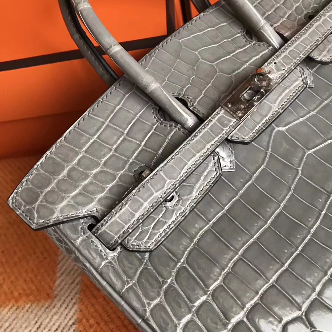 Fashion Hermes 8M Gris Paris Crocodile Shiny Leather Birkin Bag25CM Silver Hardware