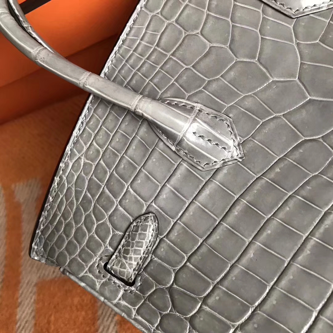 Fashion Hermes 8M Gris Paris Crocodile Shiny Leather Birkin Bag25CM Silver Hardware