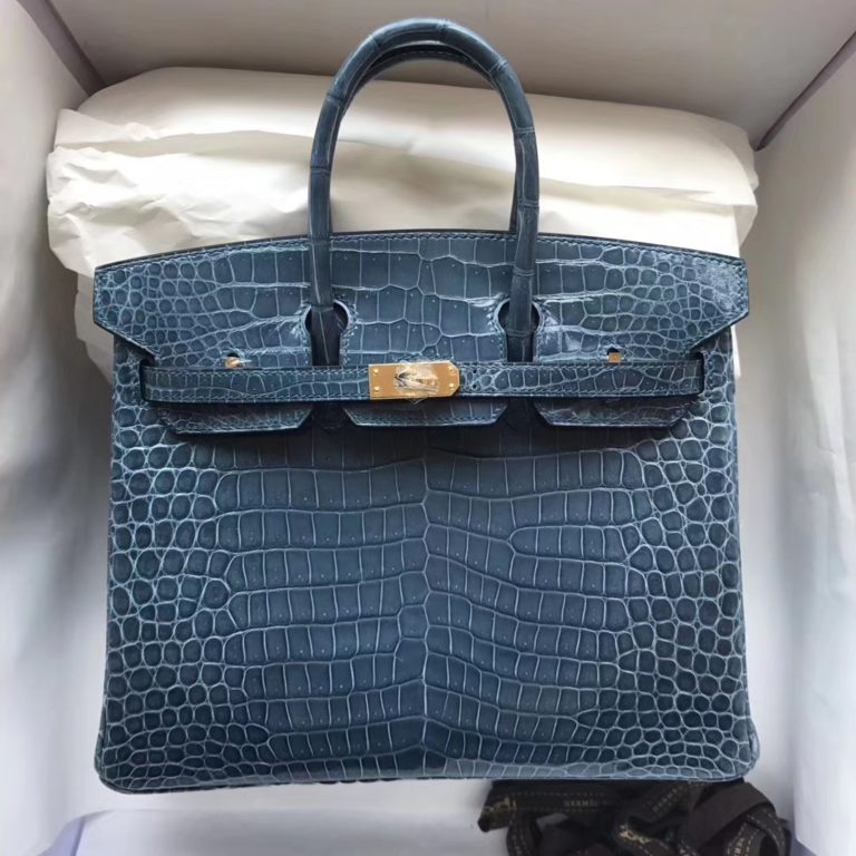 Hermes Crocodile Shiny Birkin 25CM Handbag in CK75 Blue Jean Gold Hardware