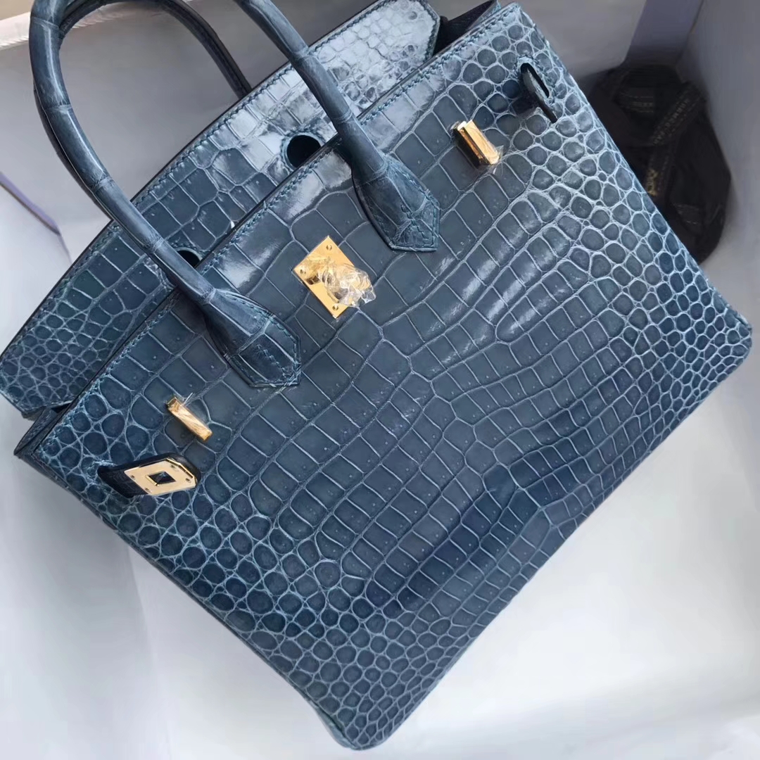 Luxury Hermes Crocodile Shiny Birkin25CM Handbag in CK75 Blue Jean Gold Hardware
