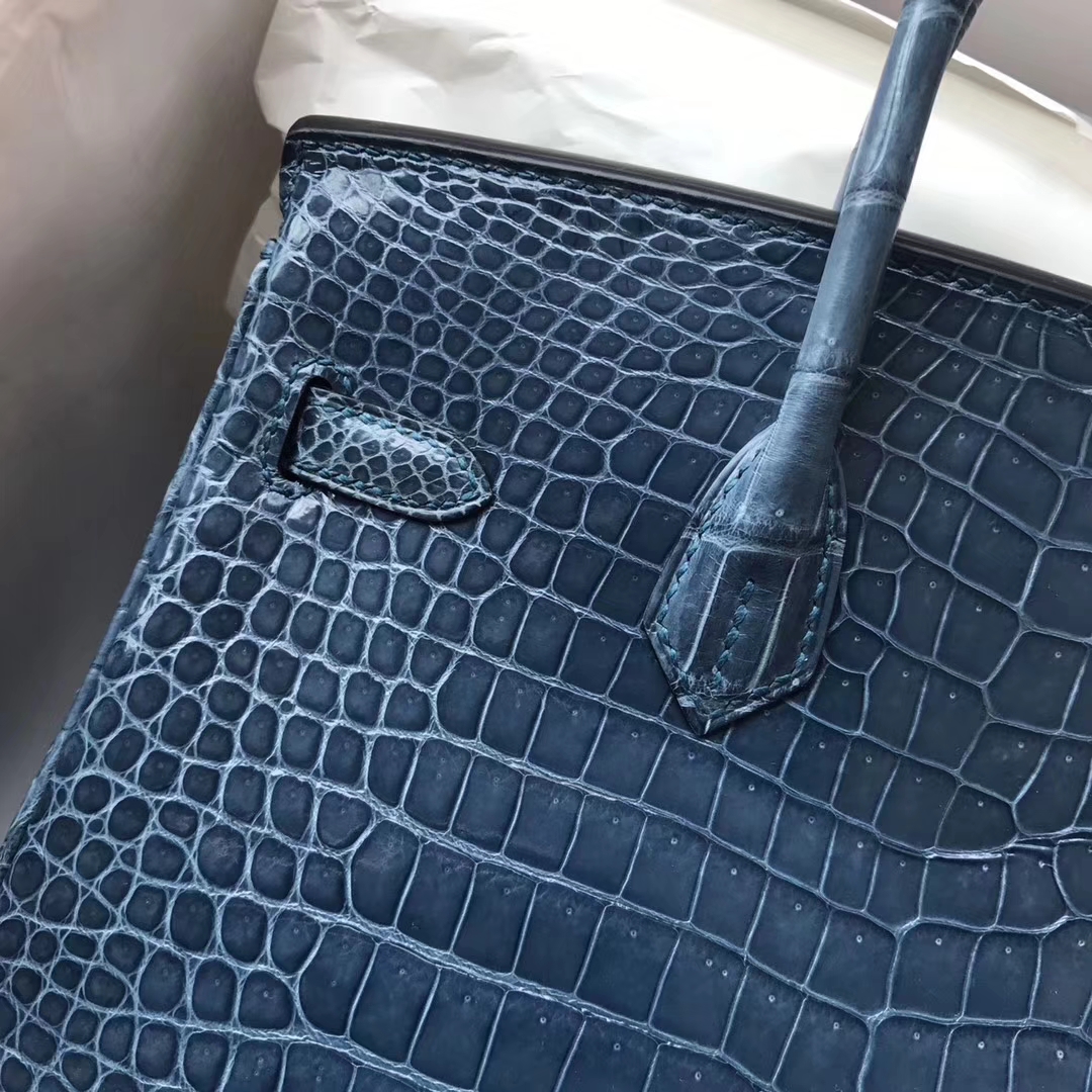 Luxury Hermes Crocodile Shiny Birkin25CM Handbag in CK75 Blue Jean Gold Hardware