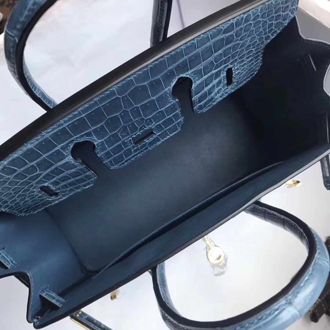 Luxury Hermes Crocodile Shiny Birkin25CM Handbag in CK75 Blue Jean Gold Hardware