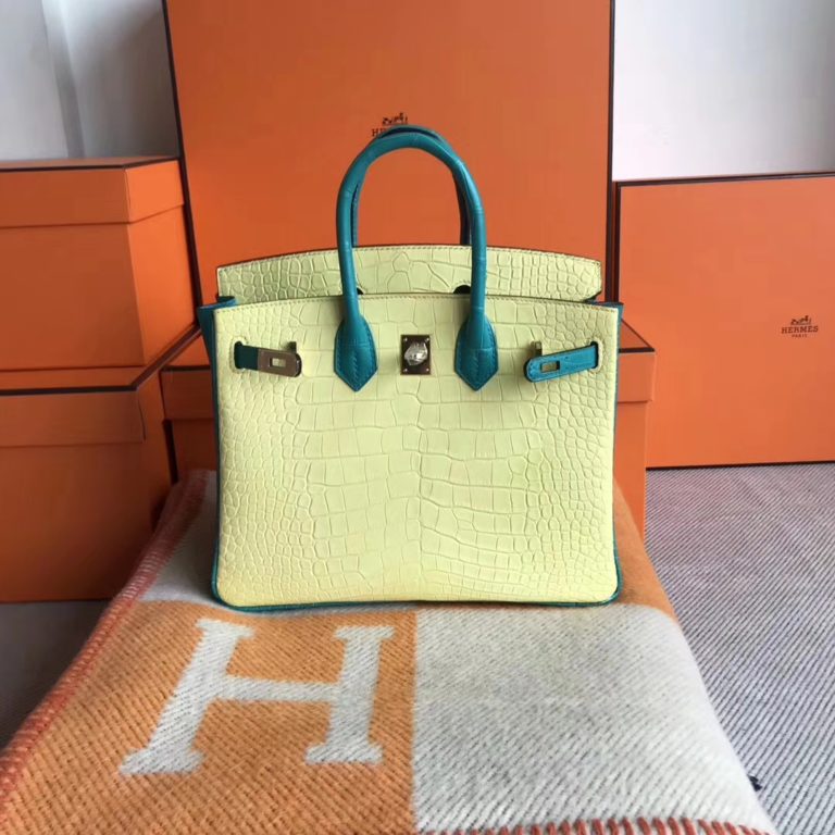 Hermes Mimosa Yellow & Blue Paon Matt Crocodile Birkin Bag 25CM