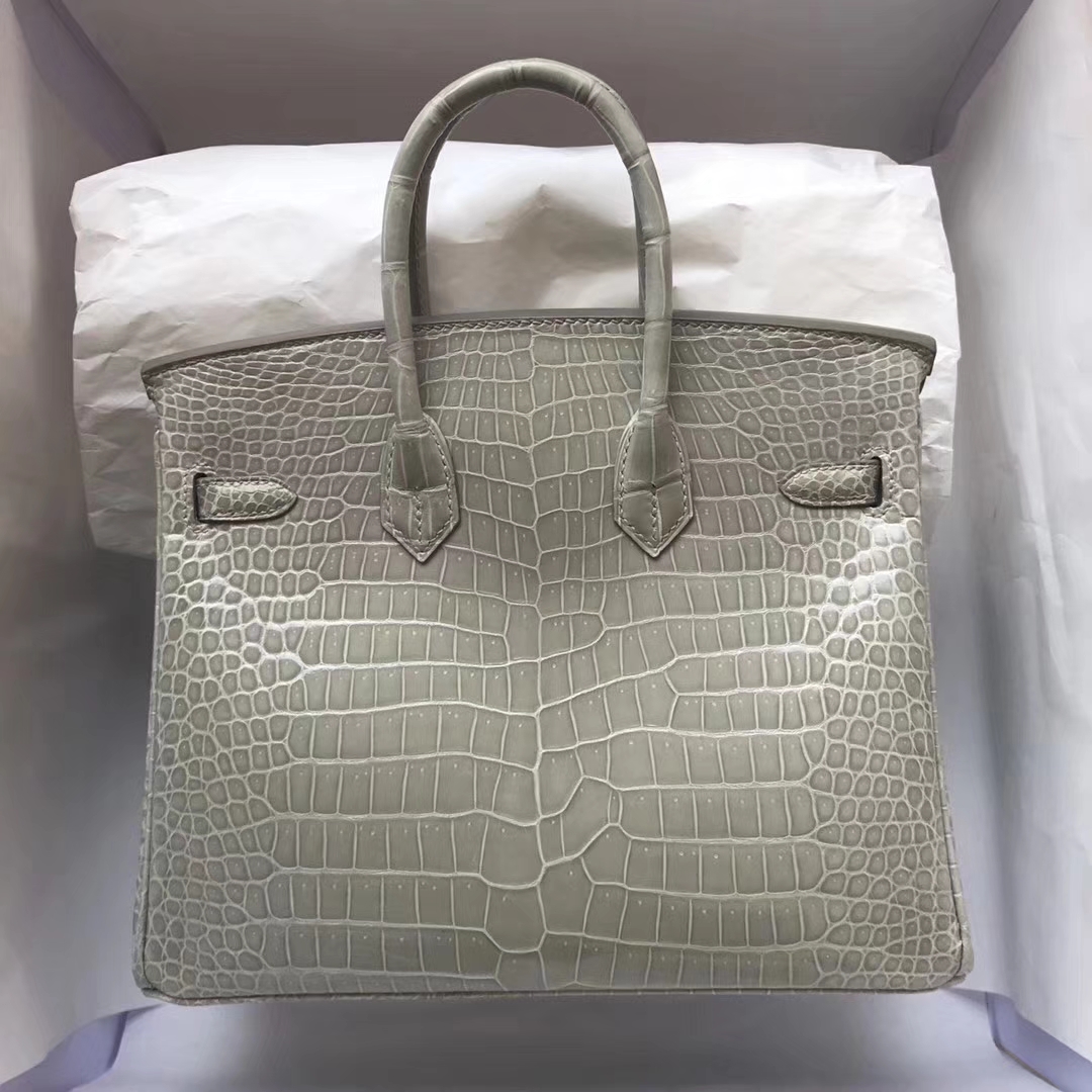 Wholesale Hermes Pearl Grey Porosus Shiny Crocodile Birkin25CM Tote Bag