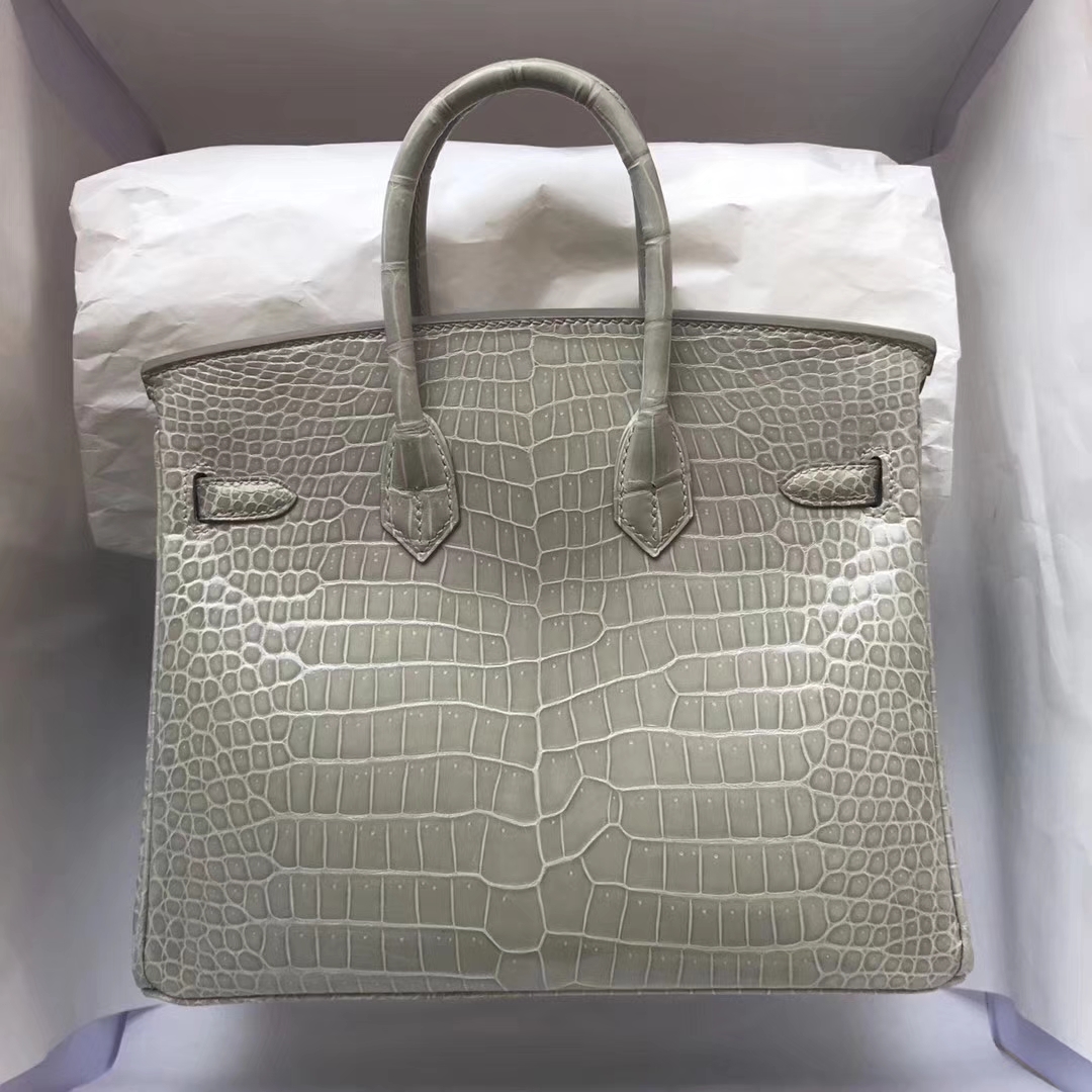 Wholesale Hermes Pearl Grey Porosus Shiny Crocodile Birkin25CM Tote Bag
