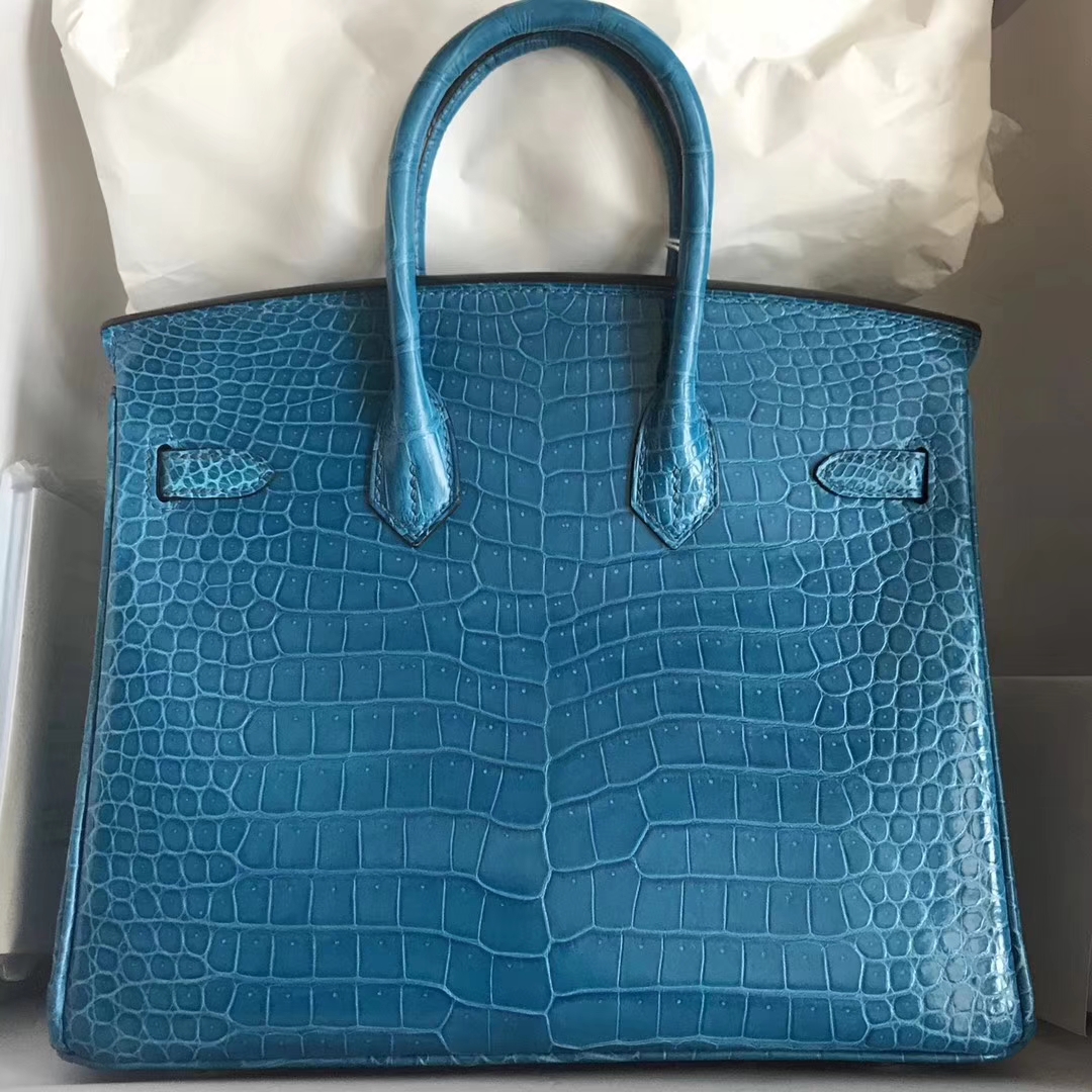 Luxury Hermes 7W Blue Izmir Porosus Shiny Crocodile Birkin Bag25CM