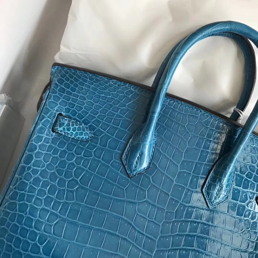 Luxury Hermes 7W Blue Izmir Porosus Shiny Crocodile Birkin Bag25CM