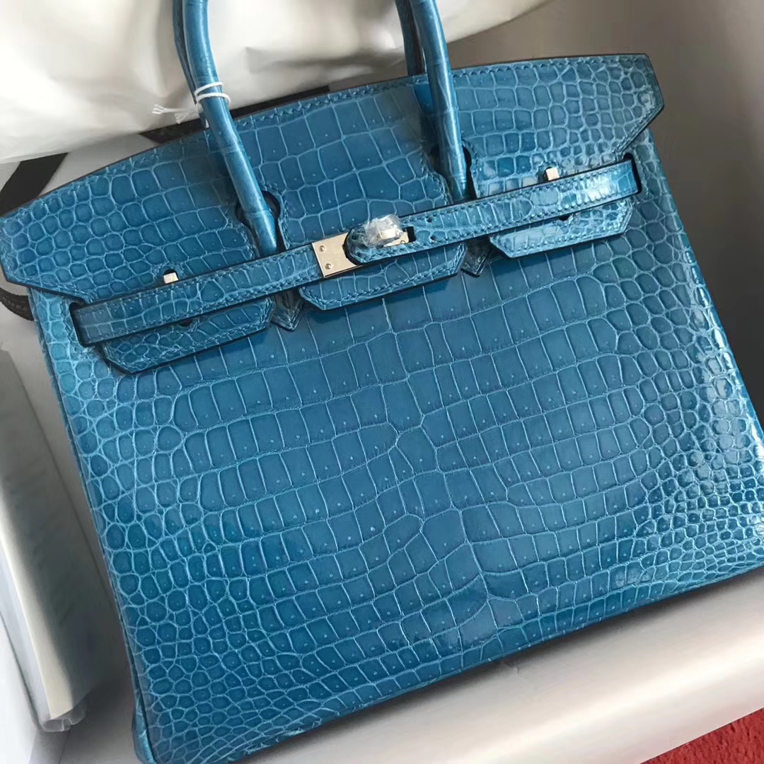Luxury Hermes 7W Blue Izmir Porosus Shiny Crocodile Birkin Bag25CM