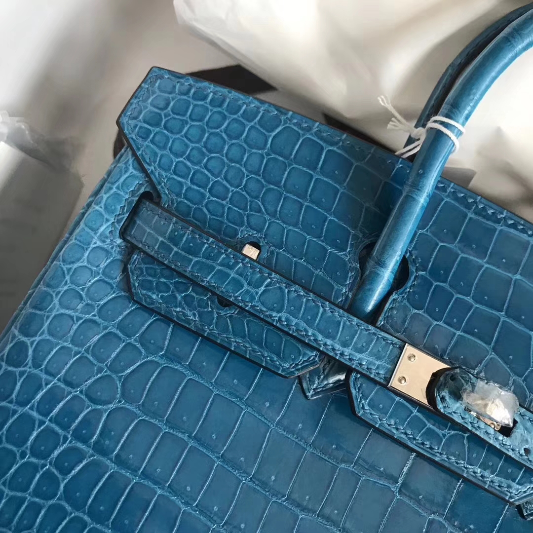 Luxury Hermes 7W Blue Izmir Porosus Shiny Crocodile Birkin Bag25CM