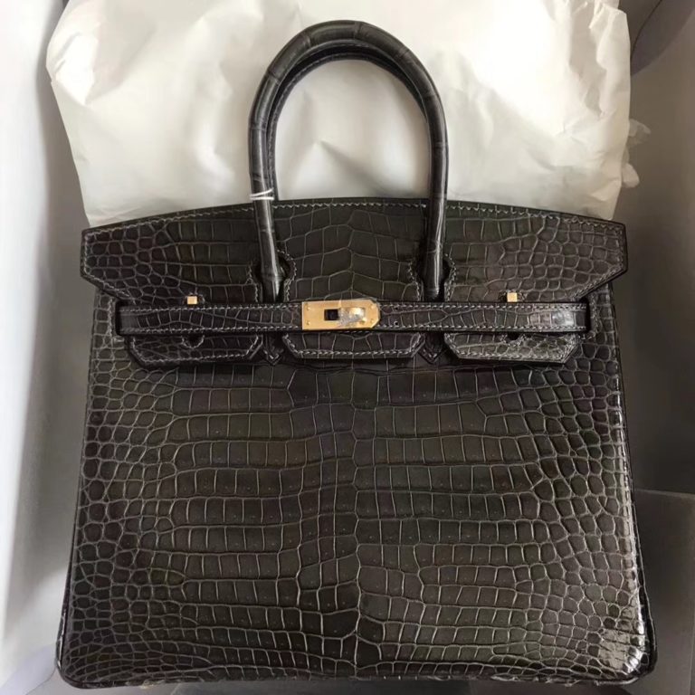 Hermes Shiny Crocodile Leather Birkin 25CM Bag in CK88 Graphite Grey