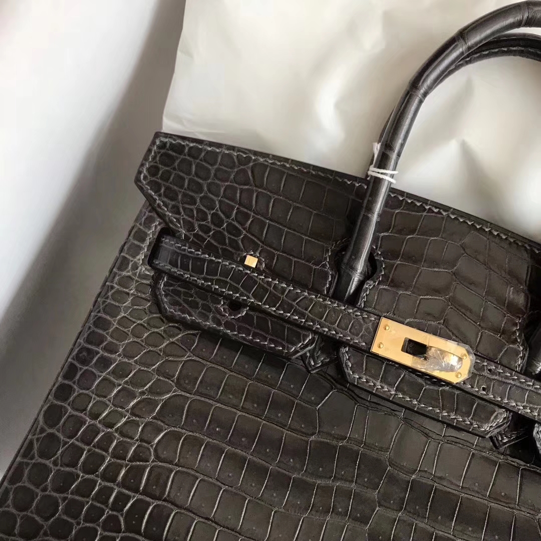 Luxury Hermes Shiny Crocodile Leather Birkin25CM Bag in CK88 Graphite Grey