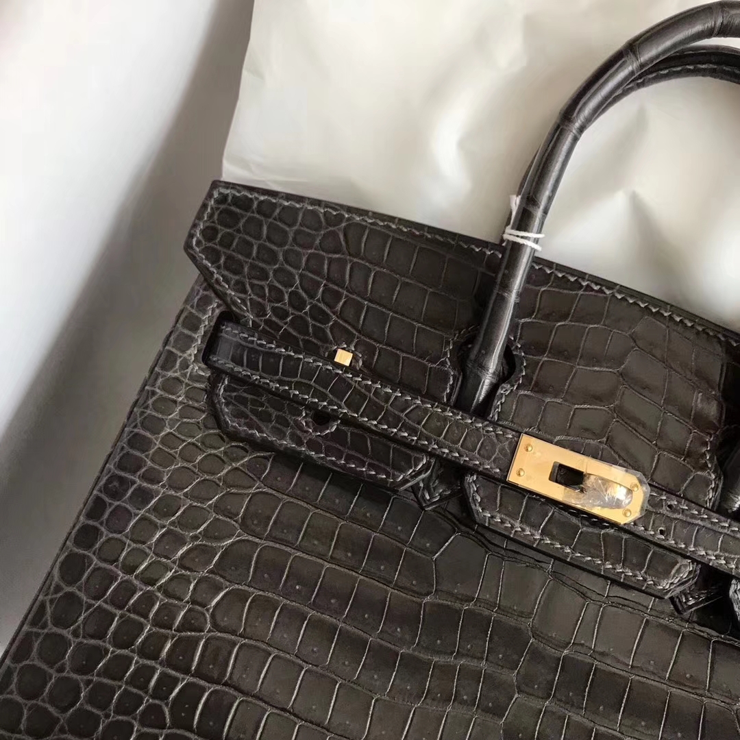 Luxury Hermes Shiny Crocodile Leather Birkin25CM Bag in CK88 Graphite Grey
