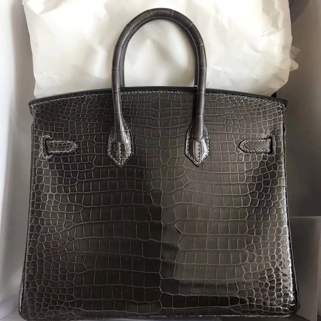 Luxury Hermes Shiny Crocodile Leather Birkin25CM Bag in CK88 Graphite Grey