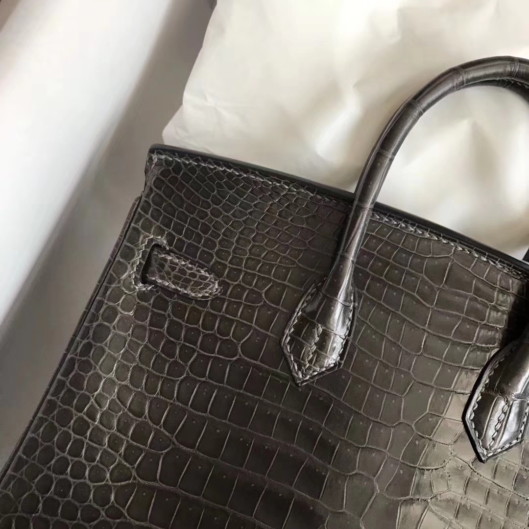 Luxury Hermes Shiny Crocodile Leather Birkin25CM Bag in CK88 Graphite Grey
