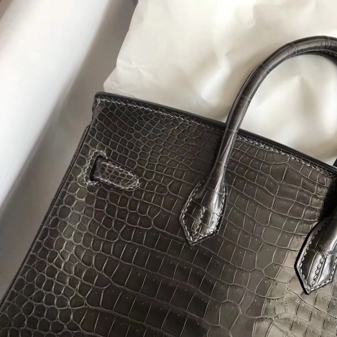 Luxury Hermes Shiny Crocodile Leather Birkin25CM Bag in CK88 Graphite Grey