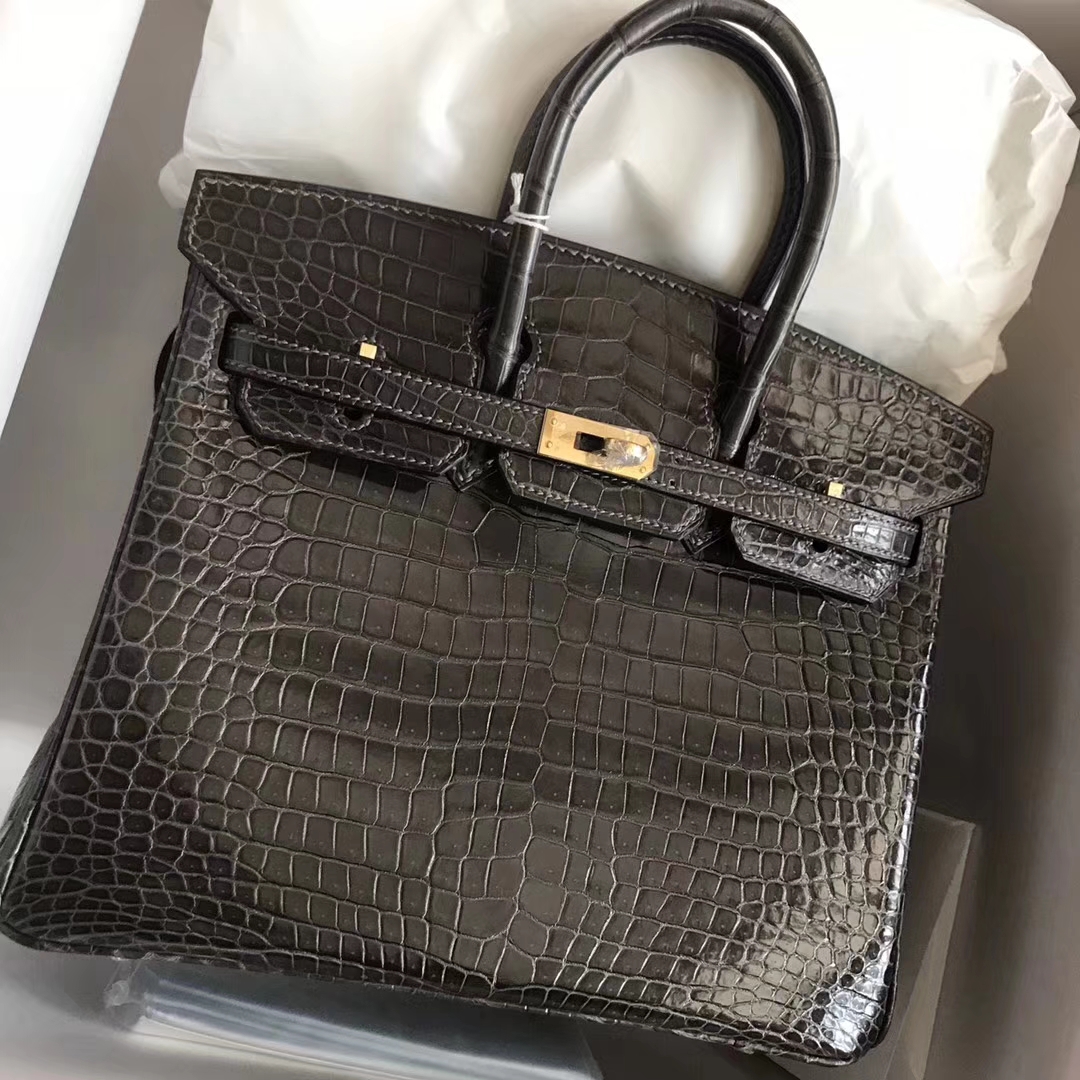 Luxury Hermes Shiny Crocodile Leather Birkin25CM Bag in CK88 Graphite Grey