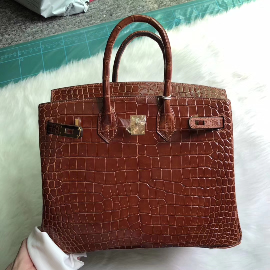Elegant Hermes Porosus Shiny Crocodile Birkin25CM Bag in CK31 Honey Brown