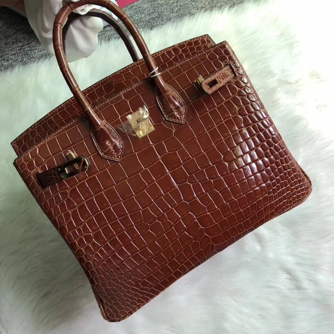 Elegant Hermes Porosus Shiny Crocodile Birkin25CM Bag in CK31 Honey Brown