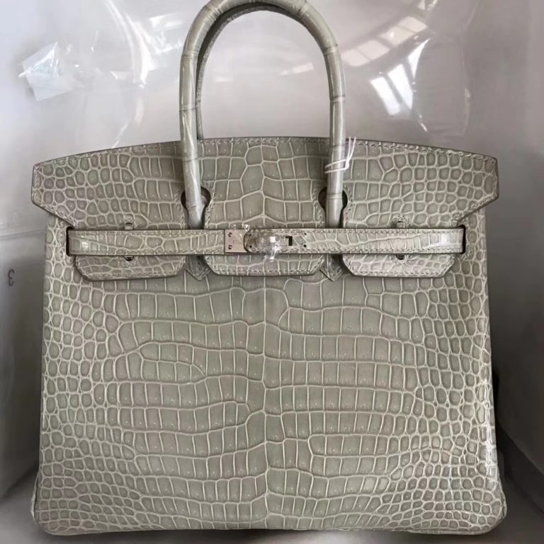 On Hermes Pearl Grey Shiny Crocodile Leather Birkin Bag 25CM Silver Hardware