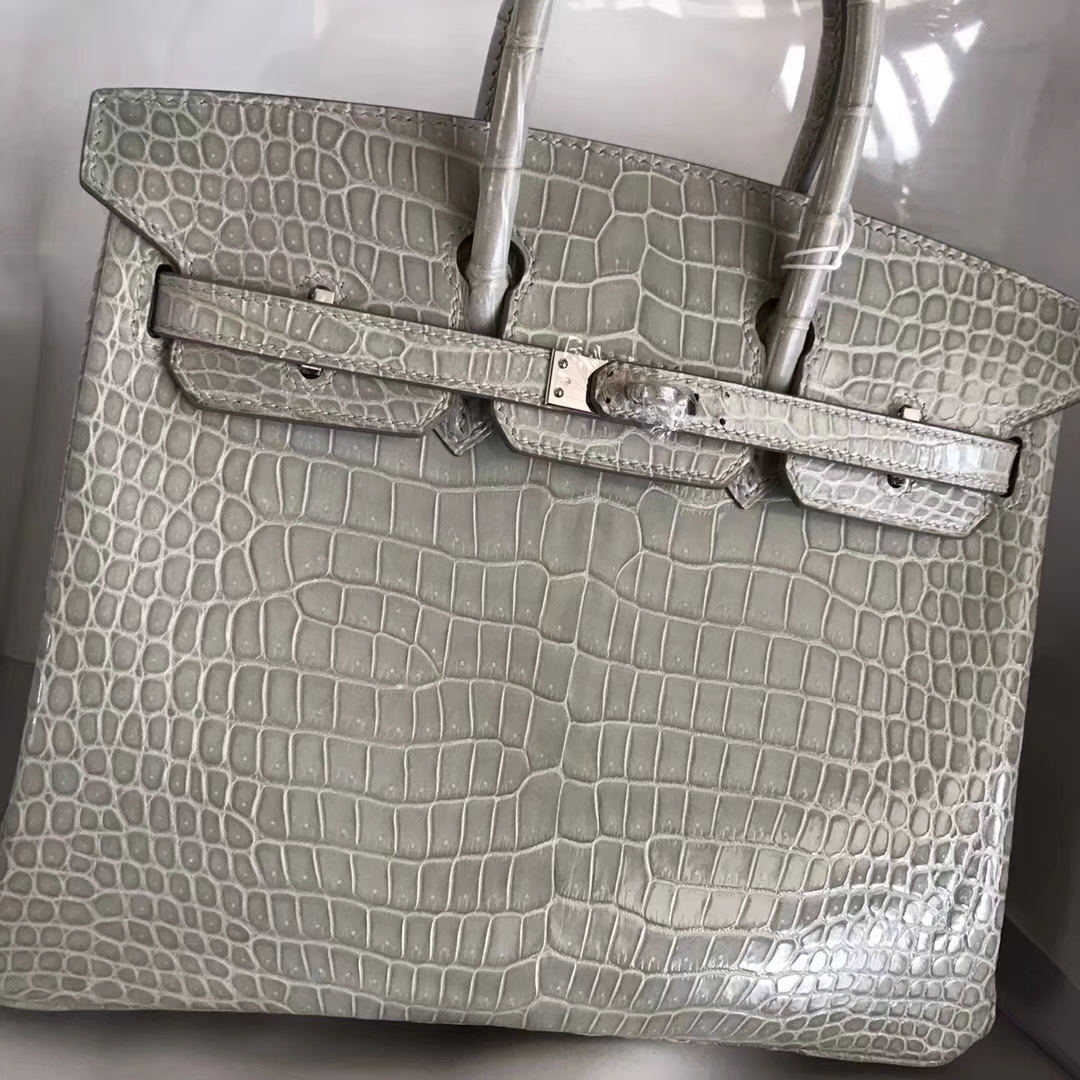 On Sale Hermes Pearl Grey Shiny Crocodile Leather Birkin Bag25CM Silver Hardware