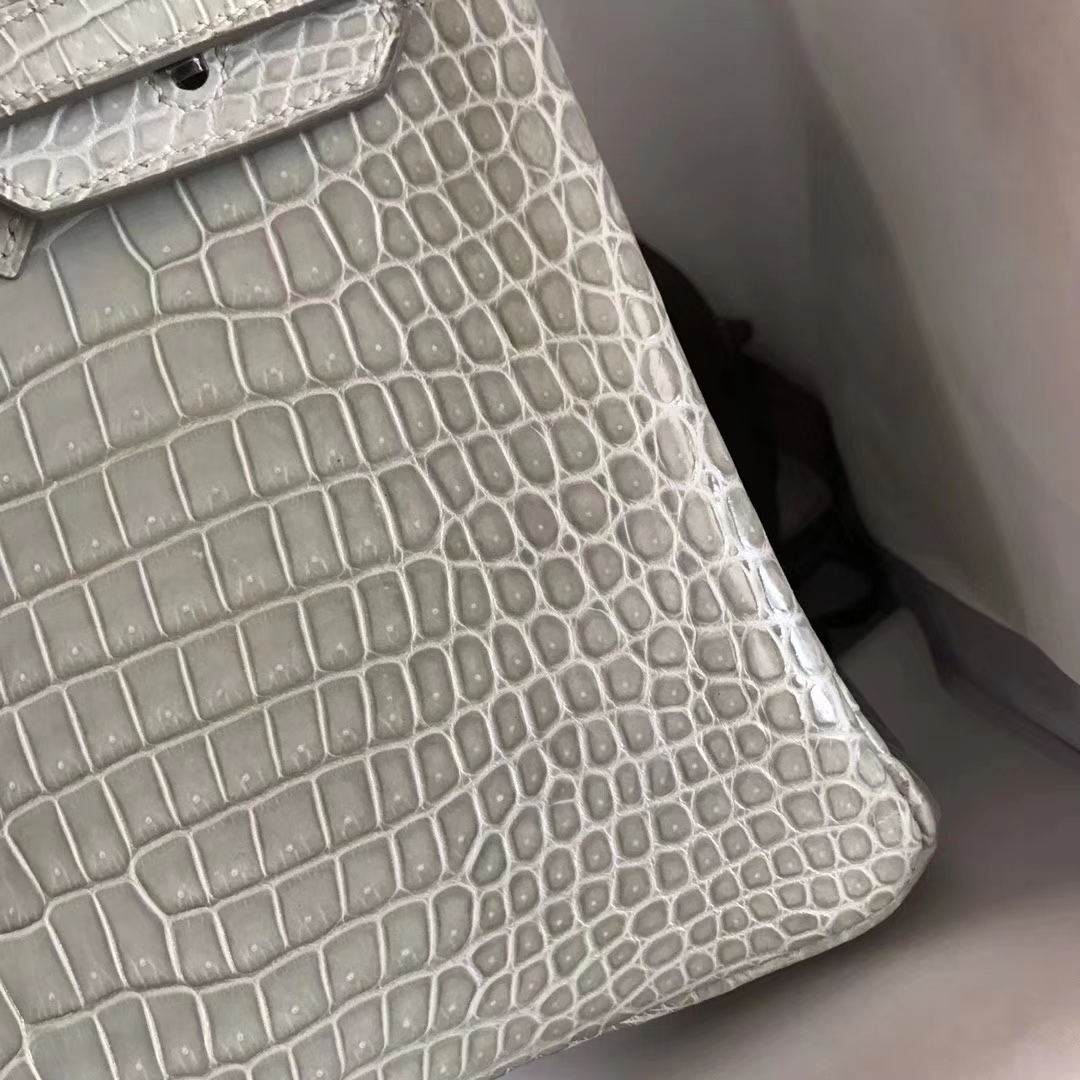 On Sale Hermes Pearl Grey Shiny Crocodile Leather Birkin Bag25CM Silver Hardware