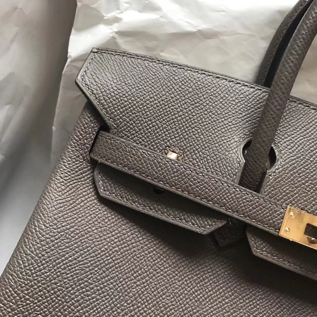 Hand Stitching Hermes 8F Etain Grey Epsom Calfskin Birkin25CM Bag Gold Hardware