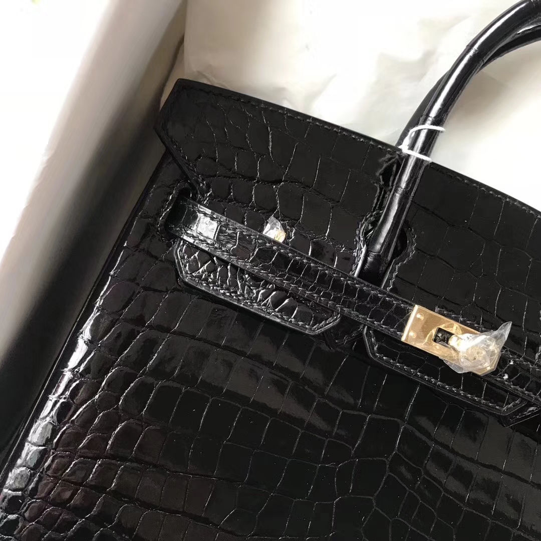 Luxury Hermes Crocodile Shiny Birkin25CM Bag in CK89 Black Gold Hardware