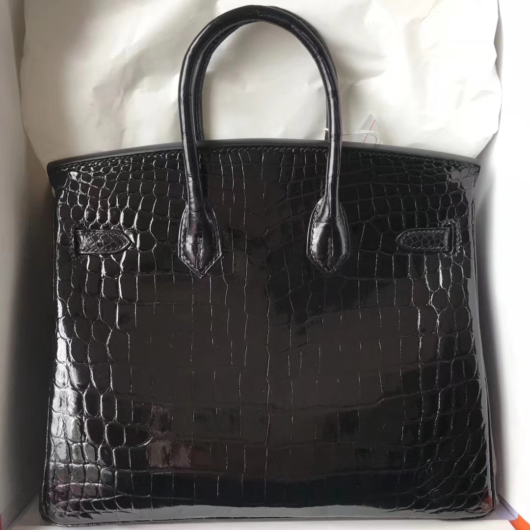 Luxury Hermes Crocodile Shiny Birkin25CM Bag in CK89 Black Gold Hardware