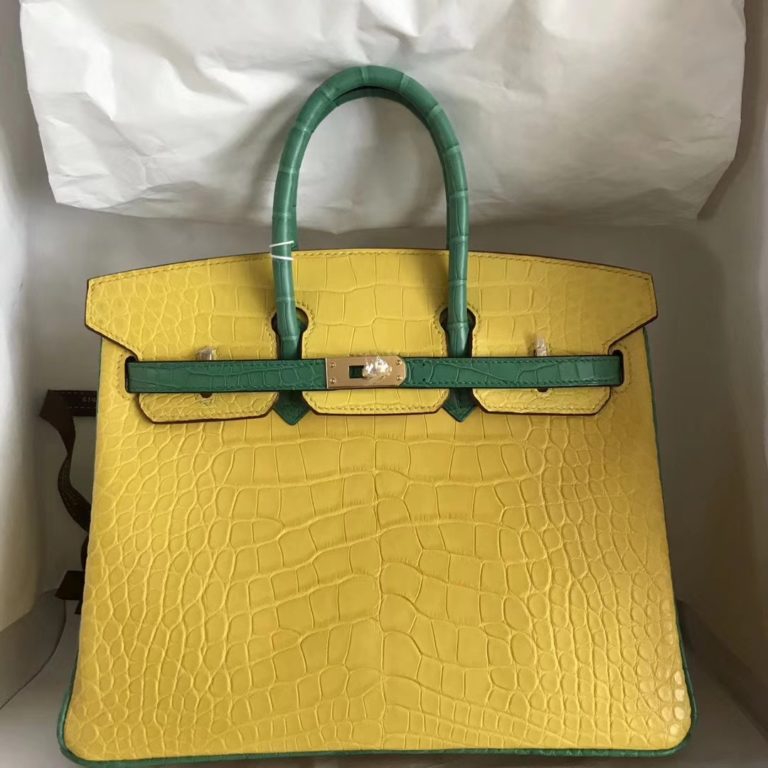 Hermes Yellow & Green Crocodile Matt Leather Birkin Bag 25CM