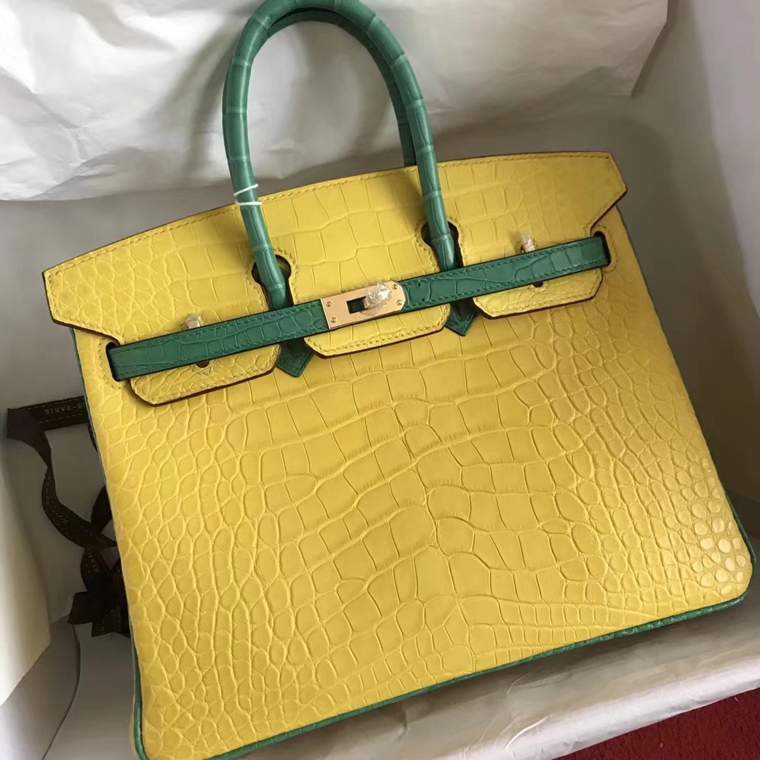 New Arrival Hermes Yellow &#038; Green Crocodile Matt Leather Birkin Bag25CM