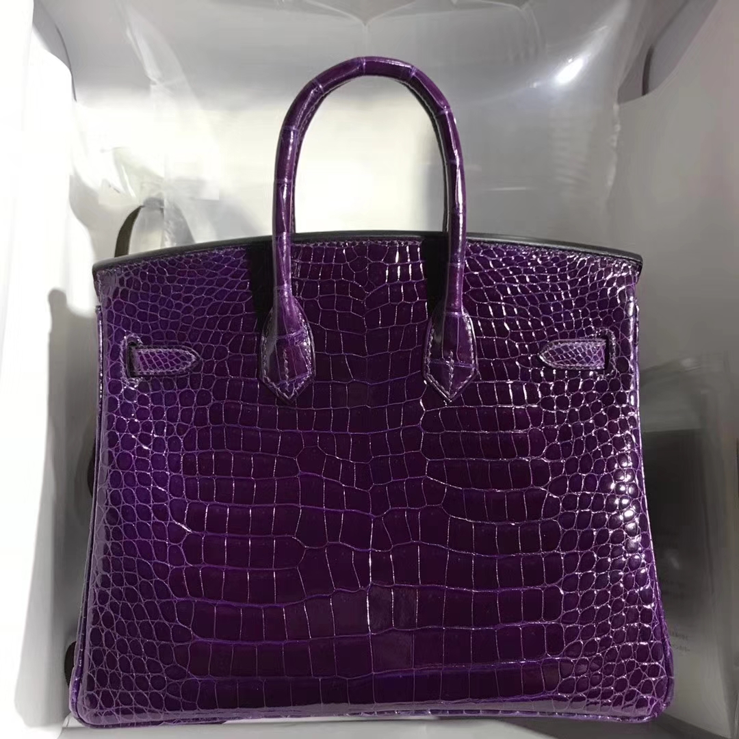 Luxury Hermes 9G Amethyst Purple Porosus Shiny Crocodile Birkin Bag25CM