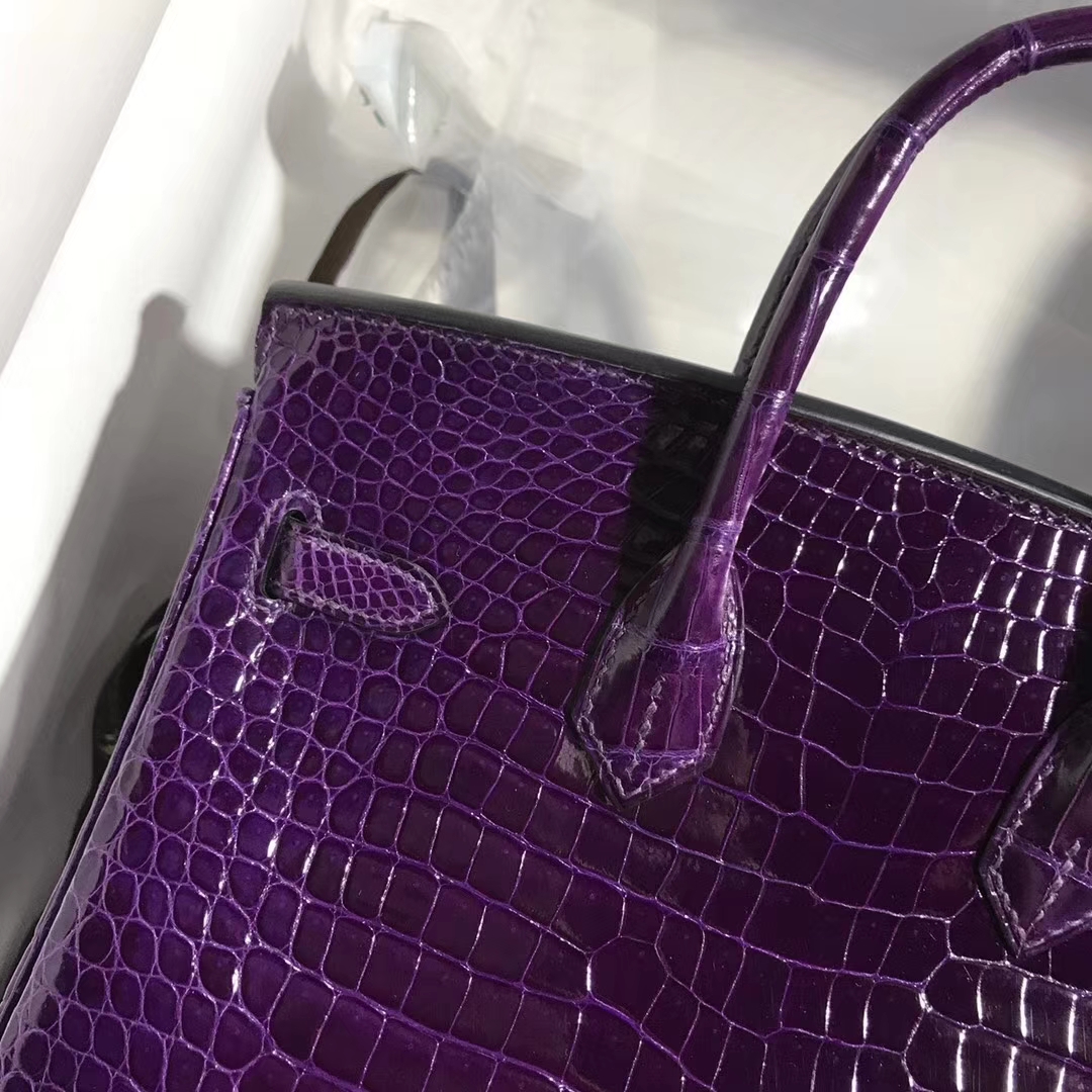 Luxury Hermes 9G Amethyst Purple Porosus Shiny Crocodile Birkin Bag25CM