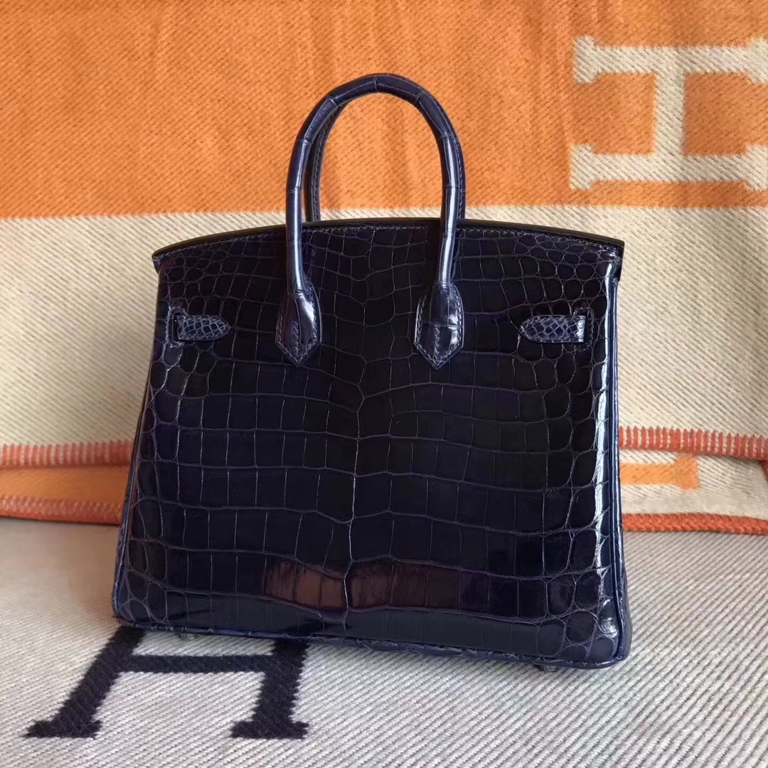 Luxury Hermes Blue Saphir Shiny Crocodile Birkin Bag25CM Silver Hardware