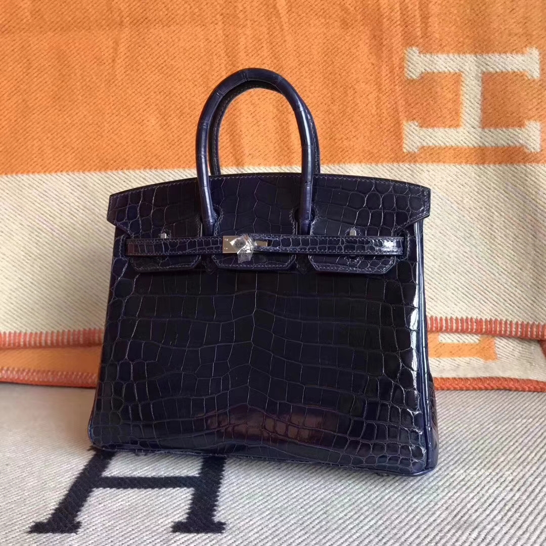 Luxury Hermes Blue Saphir Shiny Crocodile Birkin Bag25CM Silver Hardware