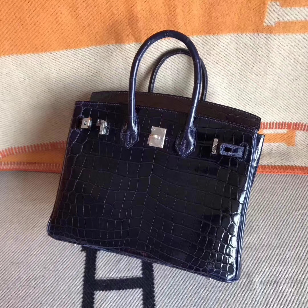 Luxury Hermes Blue Saphir Shiny Crocodile Birkin Bag25CM Silver Hardware