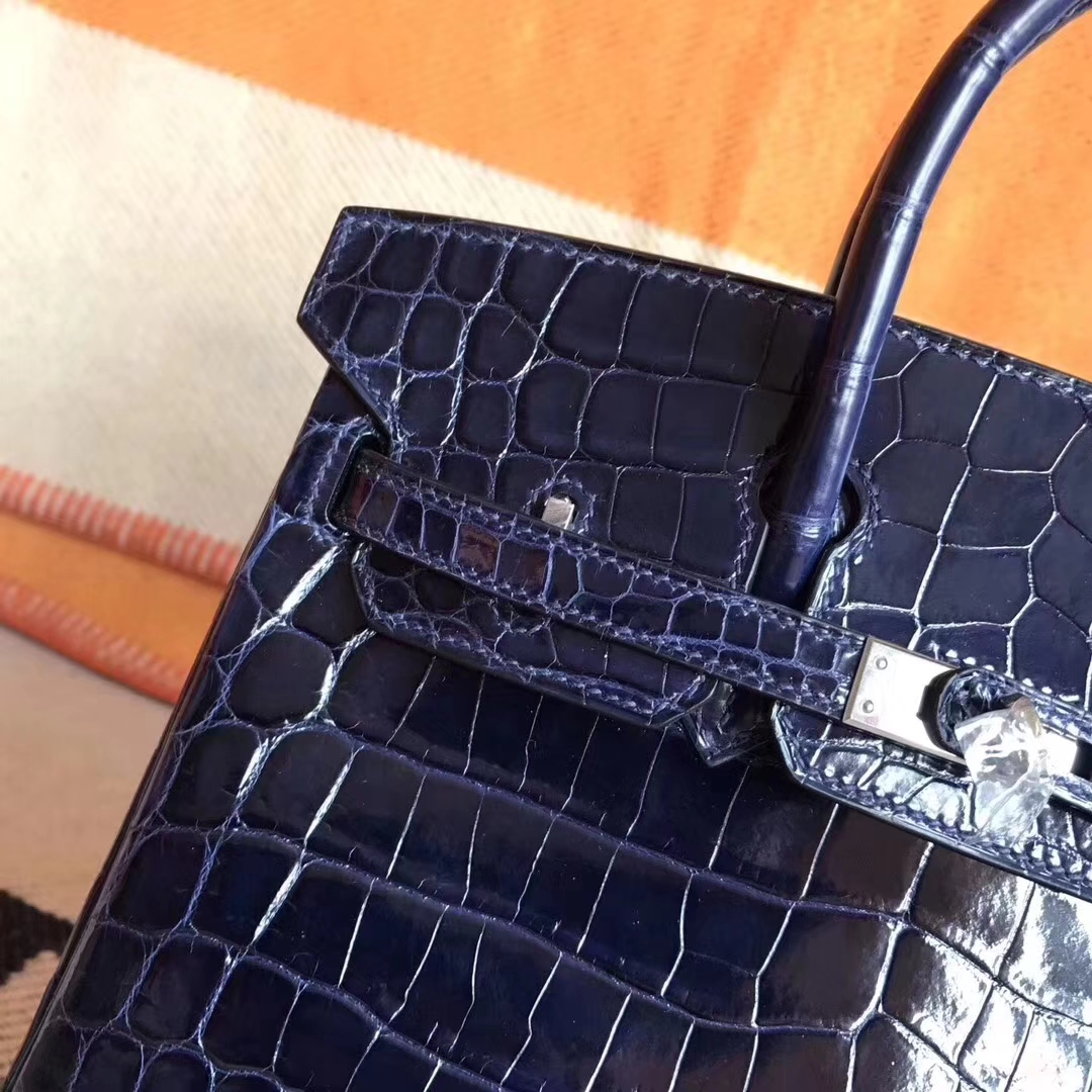 Luxury Hermes Blue Saphir Shiny Crocodile Birkin Bag25CM Silver Hardware