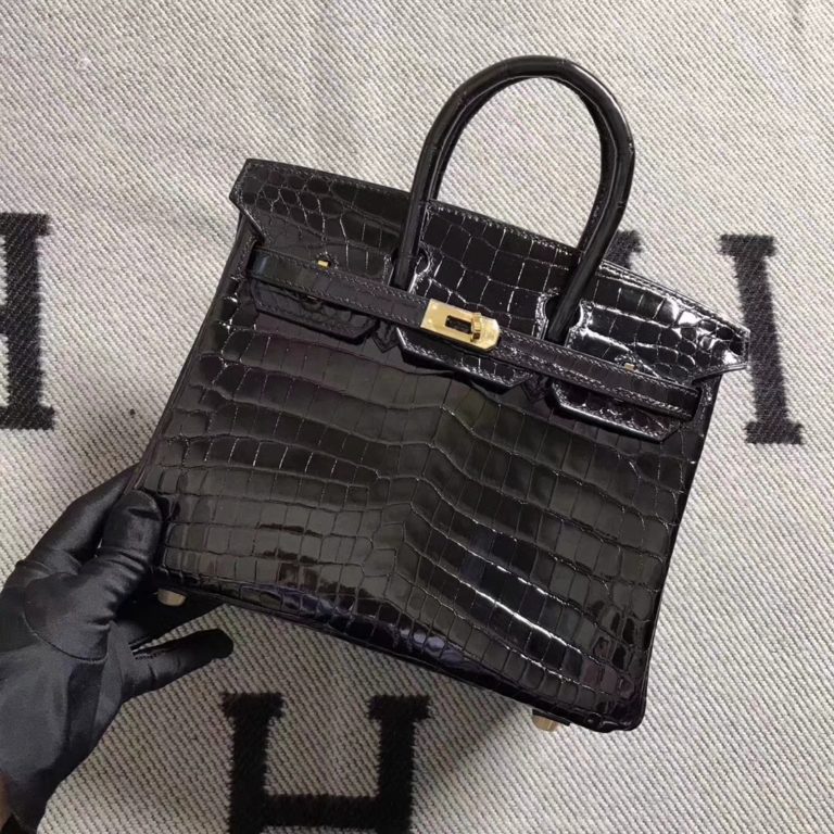 Hermes Black Shiny Crocodile Leather Birkin Bag 25CM Gold Hardware
