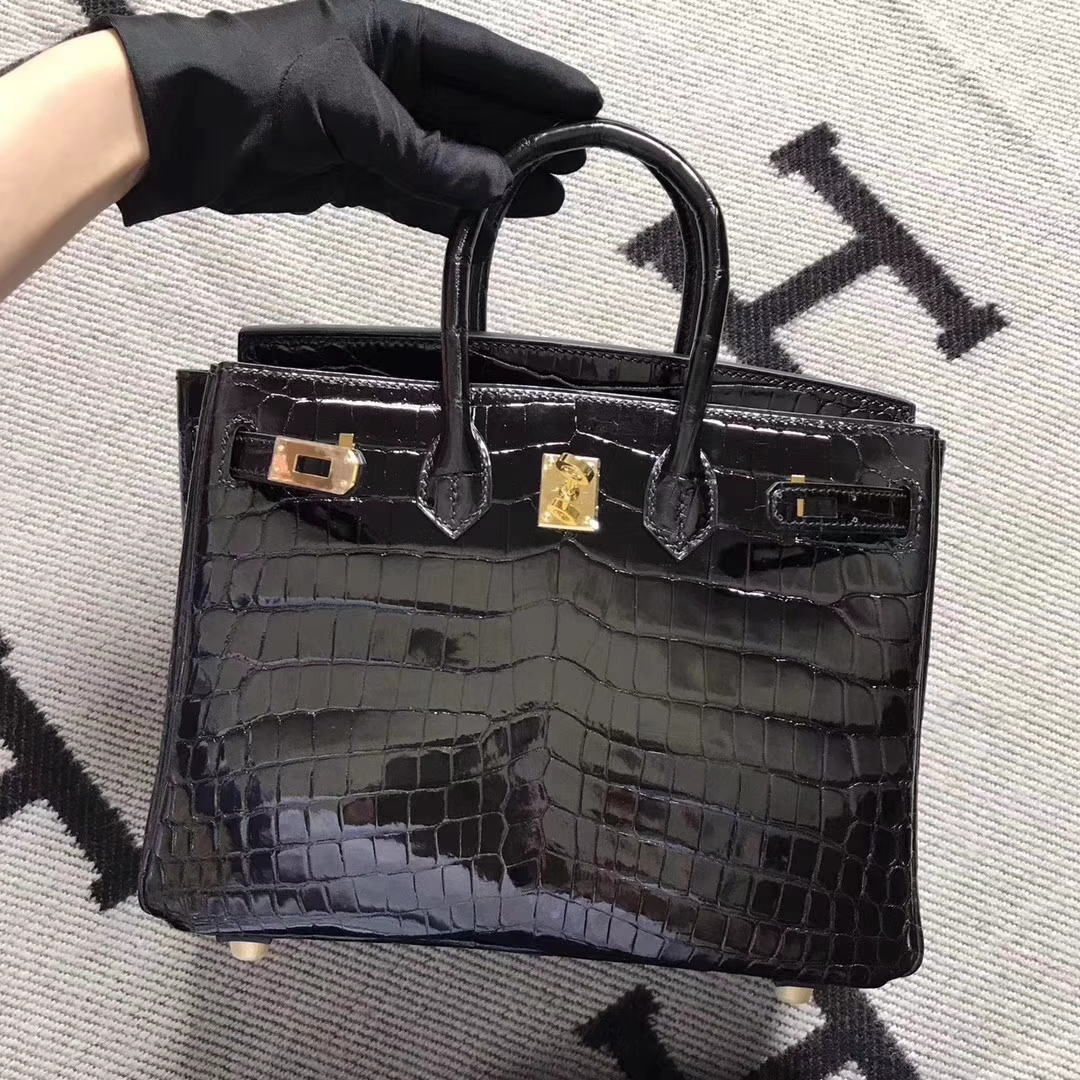 Discount Hermes Black Shiny Crocodile Leather Birkin Bag25CM Gold Hardware