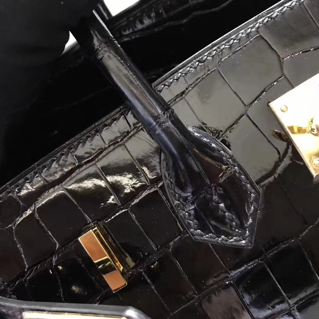 Discount Hermes Black Shiny Crocodile Leather Birkin Bag25CM Gold Hardware