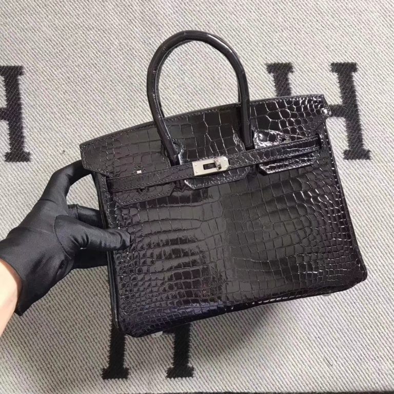 Hermes Shiny Crocodile Leather Birkin 25CM Tote Bag in Black Silver Hardware