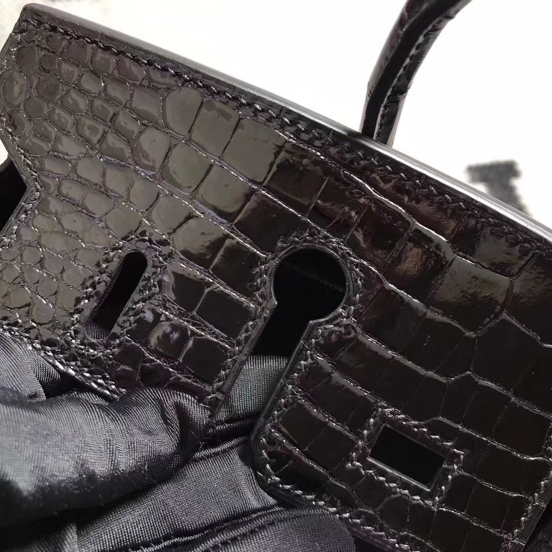 Noble Hermes Shiny Crocodile Leather Birkin25CM Tote Bag in Black Silver Hardware