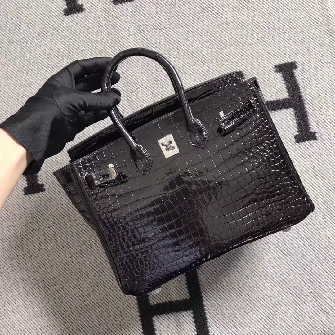 Noble Hermes Shiny Crocodile Leather Birkin25CM Tote Bag in Black Silver Hardware