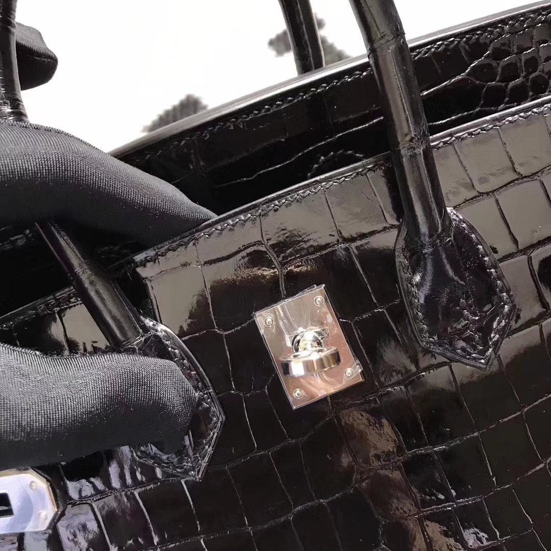 Noble Hermes Shiny Crocodile Leather Birkin25CM Tote Bag in Black Silver Hardware