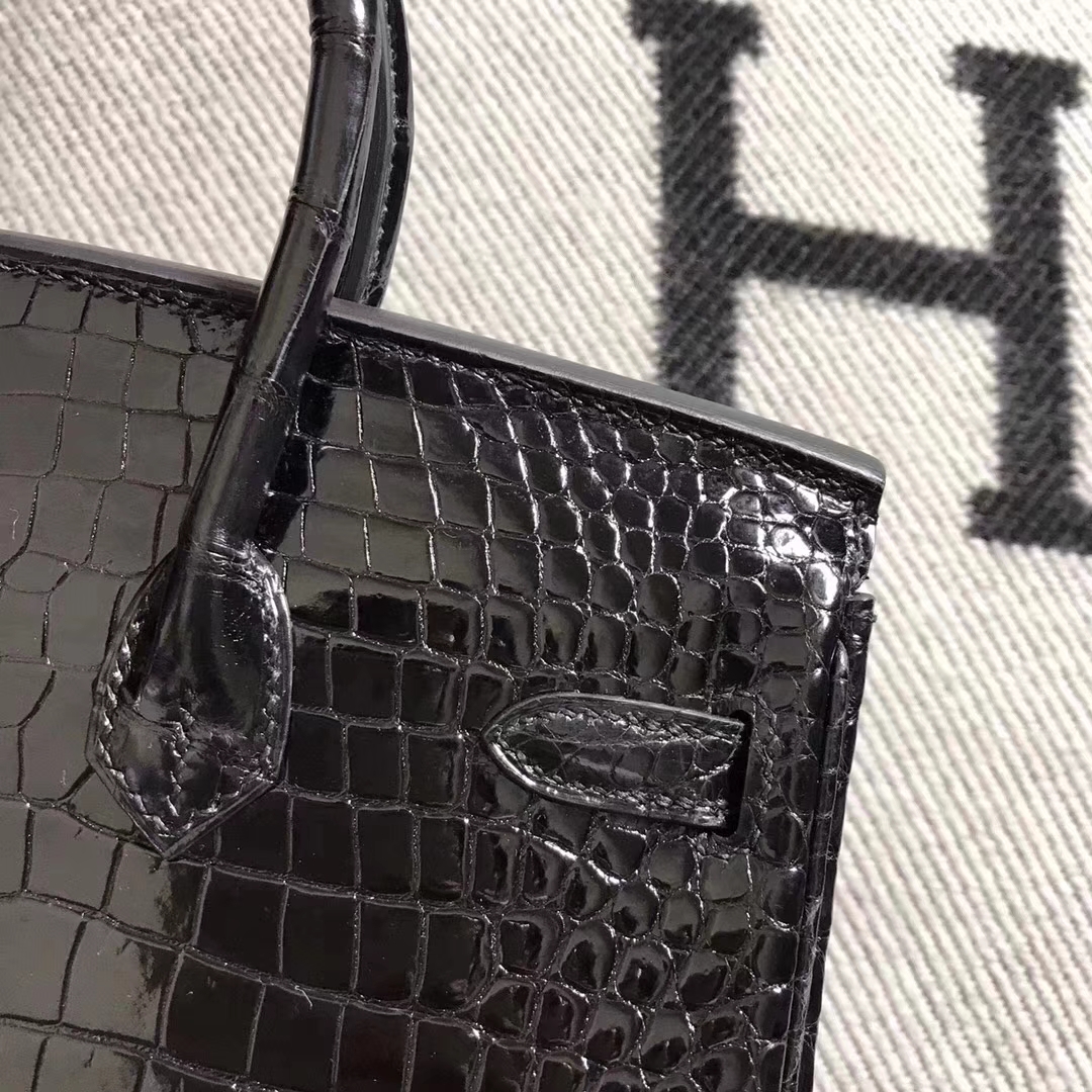 Noble Hermes Shiny Crocodile Leather Birkin25CM Tote Bag in Black Silver Hardware