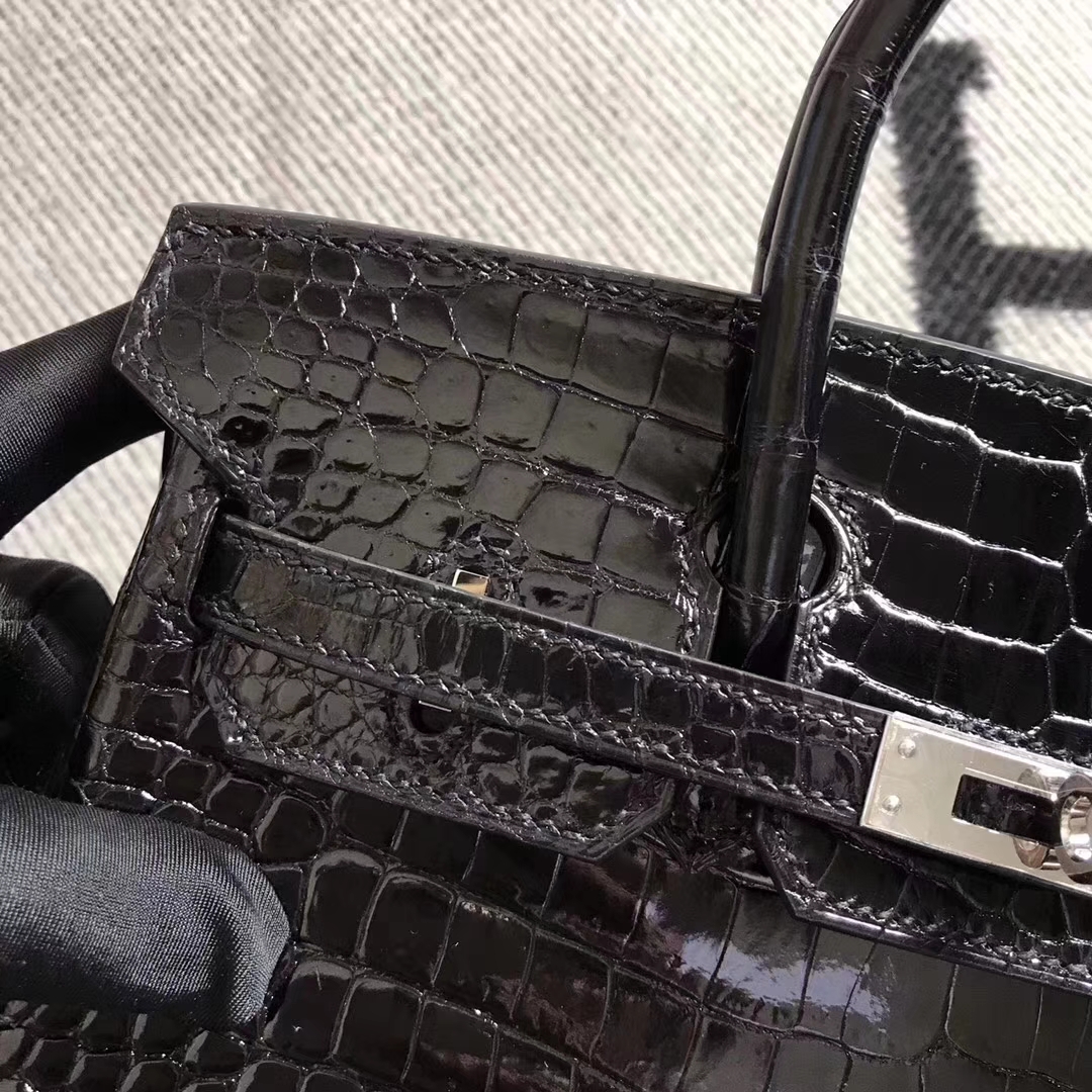 Noble Hermes Shiny Crocodile Leather Birkin25CM Tote Bag in Black Silver Hardware